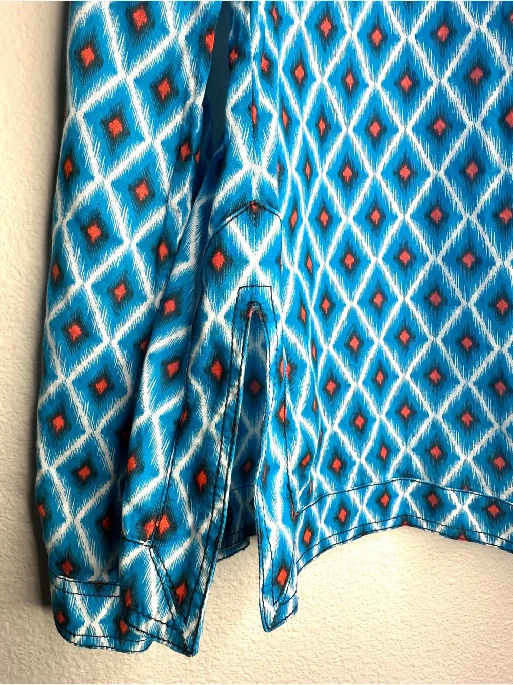 Tory Burch Blue Ikat Diamond Print Cotton Tunic Blouse 6 Long Sleeve Split neck